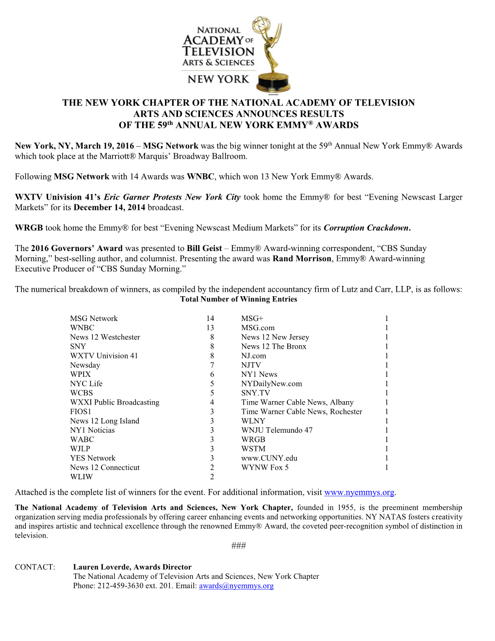 The 54Th Annual New York Emmy® Award Nominations Announced This Morning