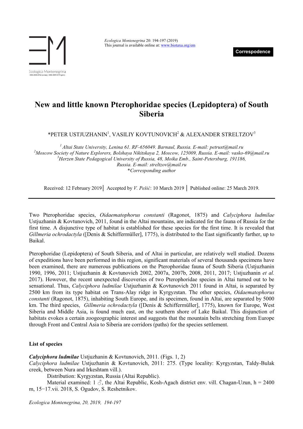 New and Little Known Pterophoridae Species (Lepidoptera) of South Siberia