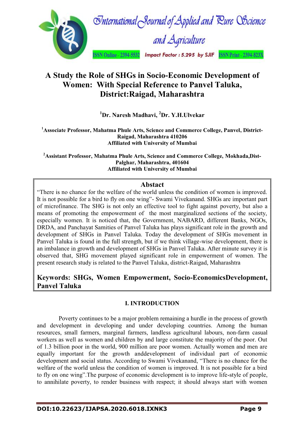 A Study the Role of Shgs in Socio-Economic Development of Women: with Special Reference to Panvel Taluka, District:Raigad, Maharashtra