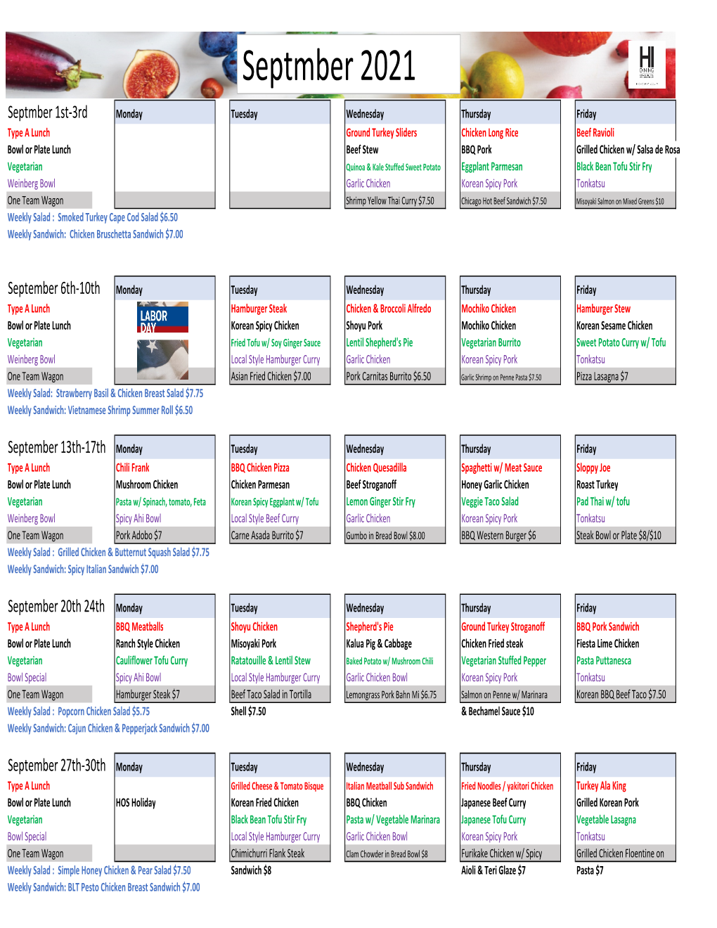 September 2021 -- Lunch Calendar