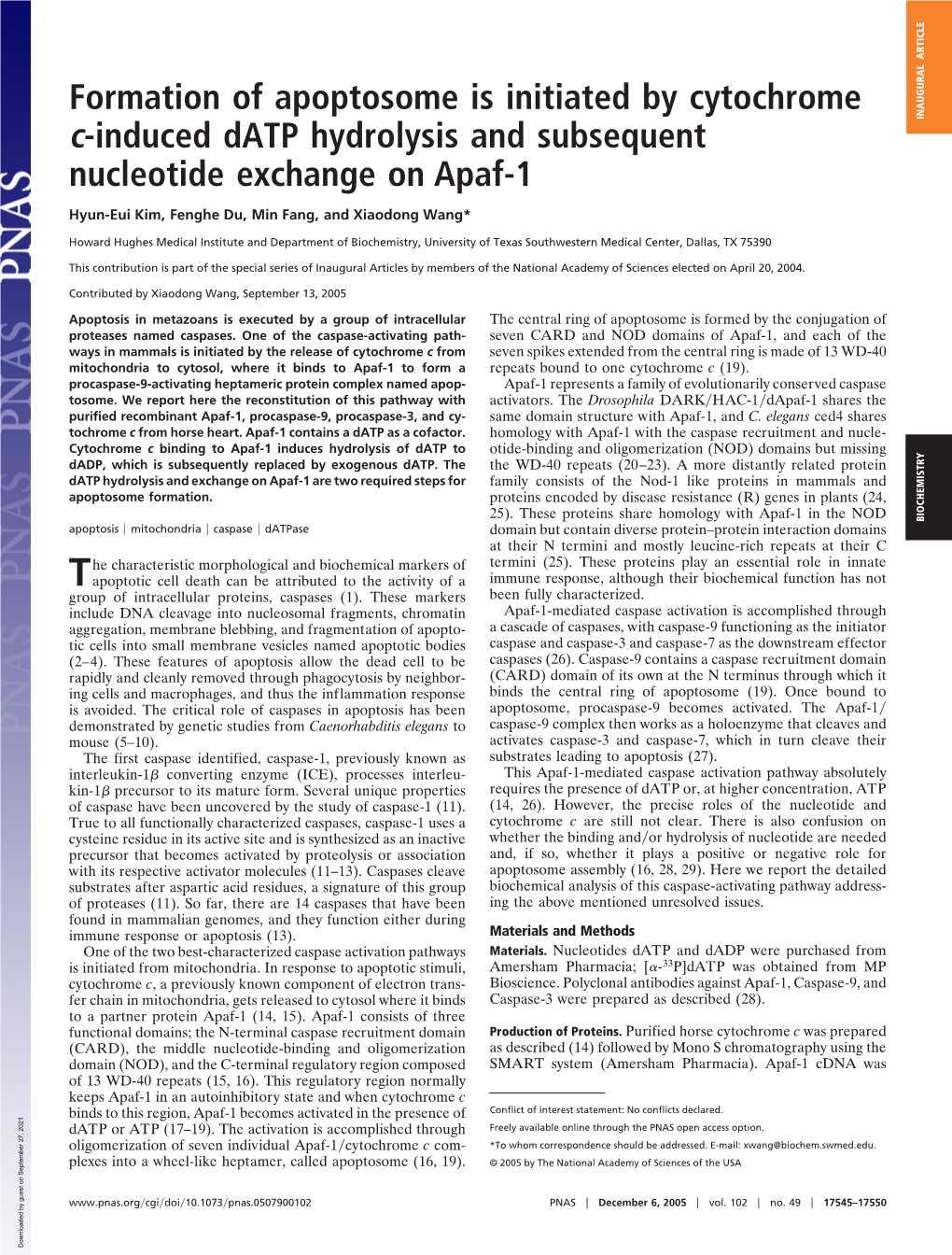 Formation of Apoptosome Is Initiated by Cytochrome C-Induced Datp