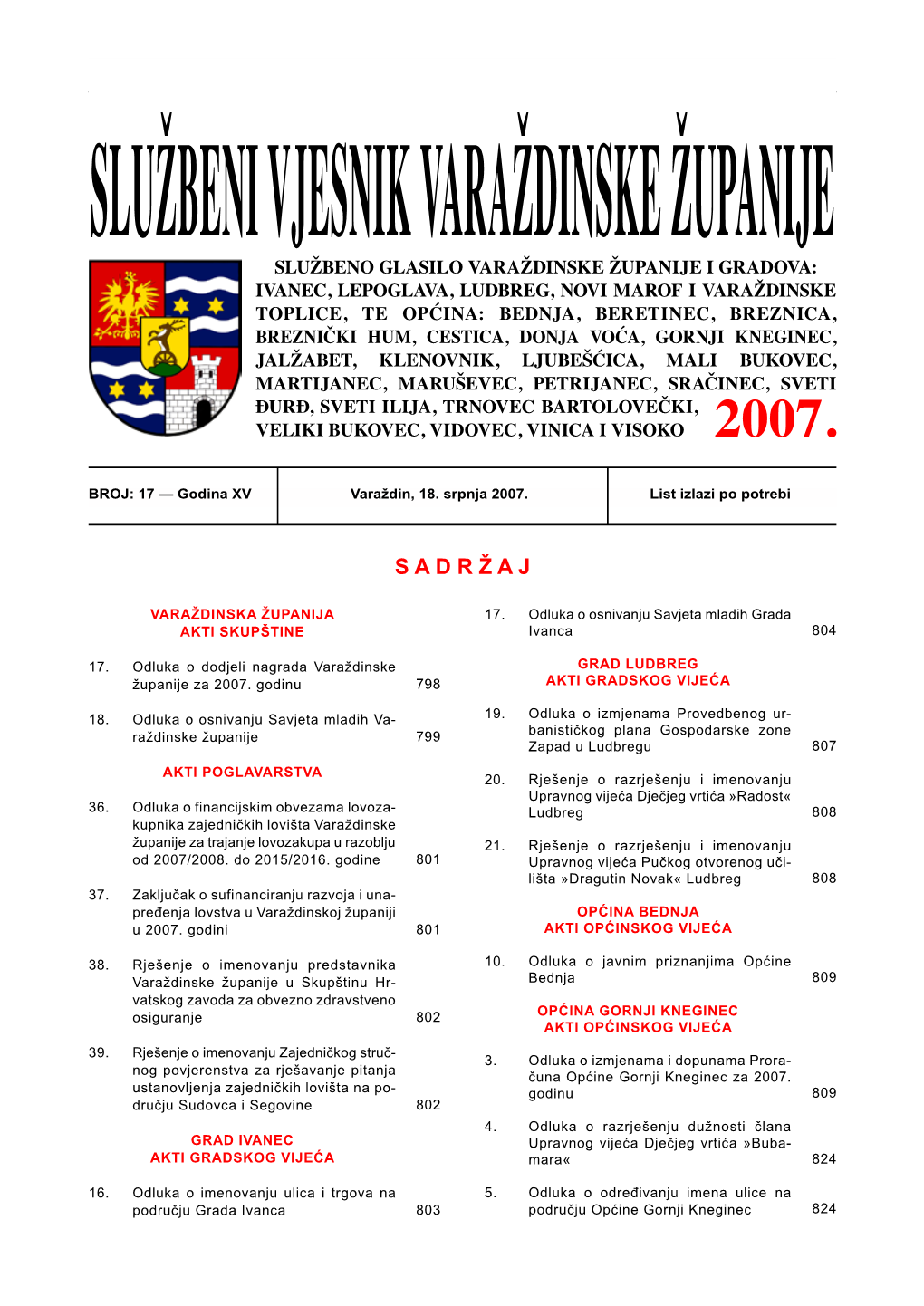 Službeni Vjesnik Varaždinske Županije« Issn 1334-3785797