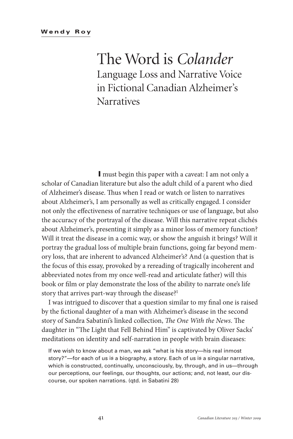 The Word Is Colander Language Loss and Narrative Voice in Fictional Canadian Alzheimer’S Narratives