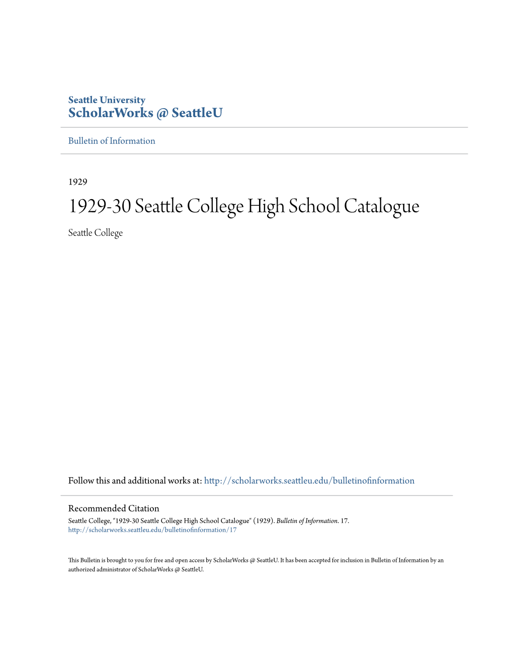 1929-30 Seattle College High School Catalogue