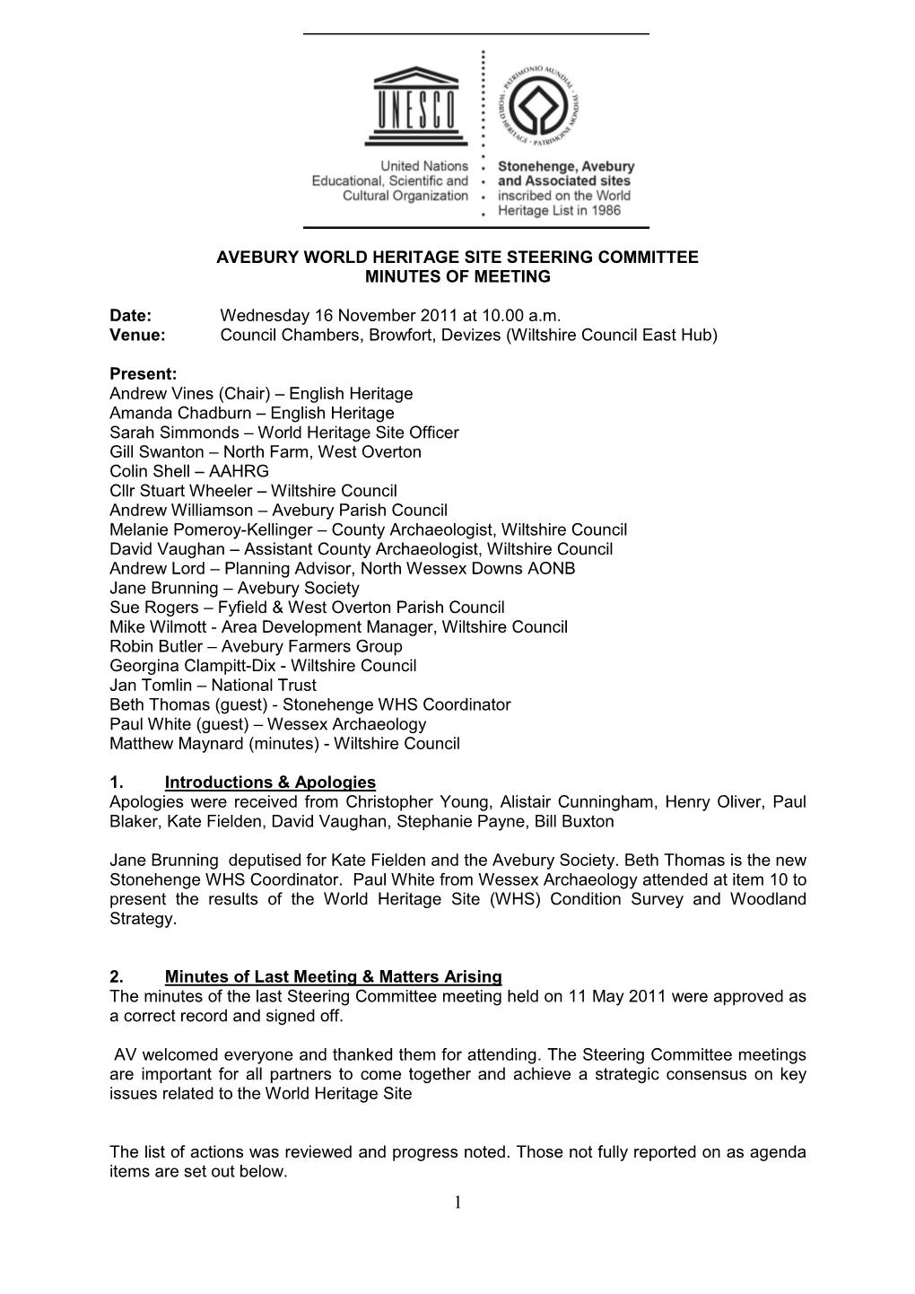 Avebury World Heritage Site Steering Committee Minutes of Meeting