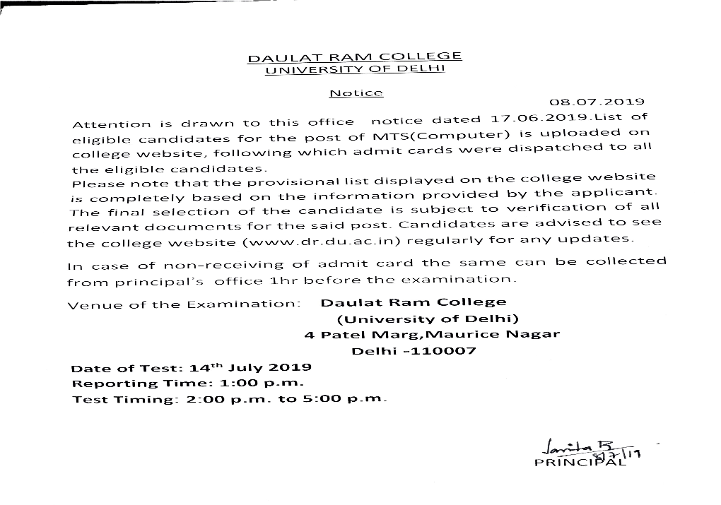 DAULAT RAM COLLEGE (University of Delhi) List of Eligible Candidates for the Post of MTS(Computer) S.NO Roll No