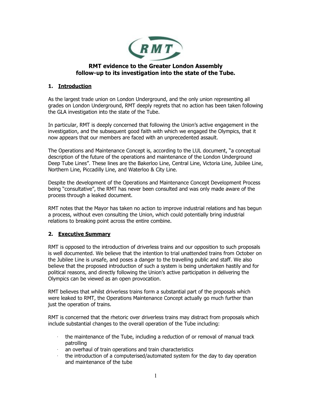 RMT Response to GLA Driverless 02 10 12