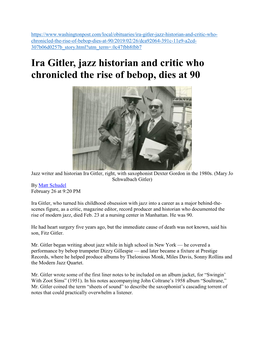 Ira Gitler, Jazz Historian and Critic Who Chronicled the Rise of Bebop, Dies at 90