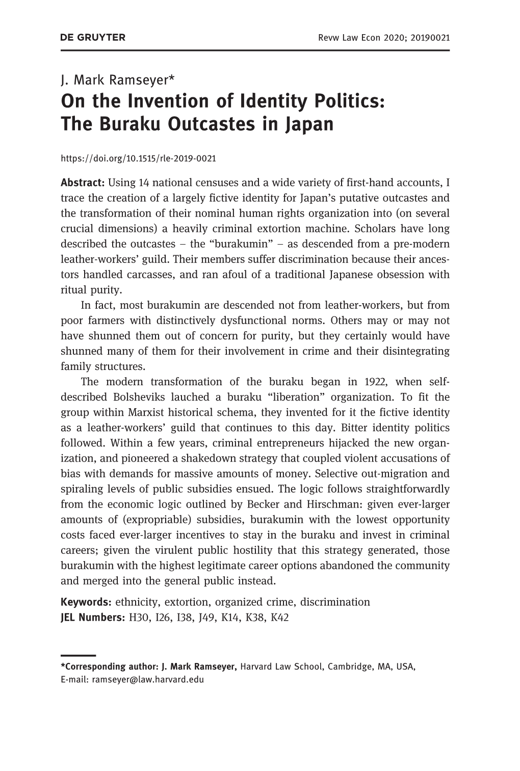 On the Invention of Identity Politics: the Buraku Outcastes in Japan