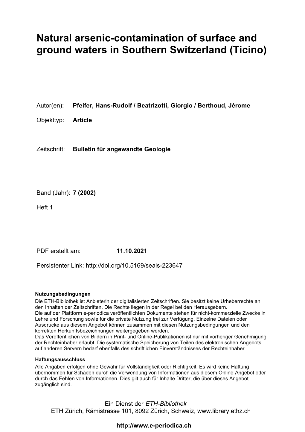 Natural Arsenic-Contamination of Surface and Ground Waters in Southern Switzerland (Ticino)