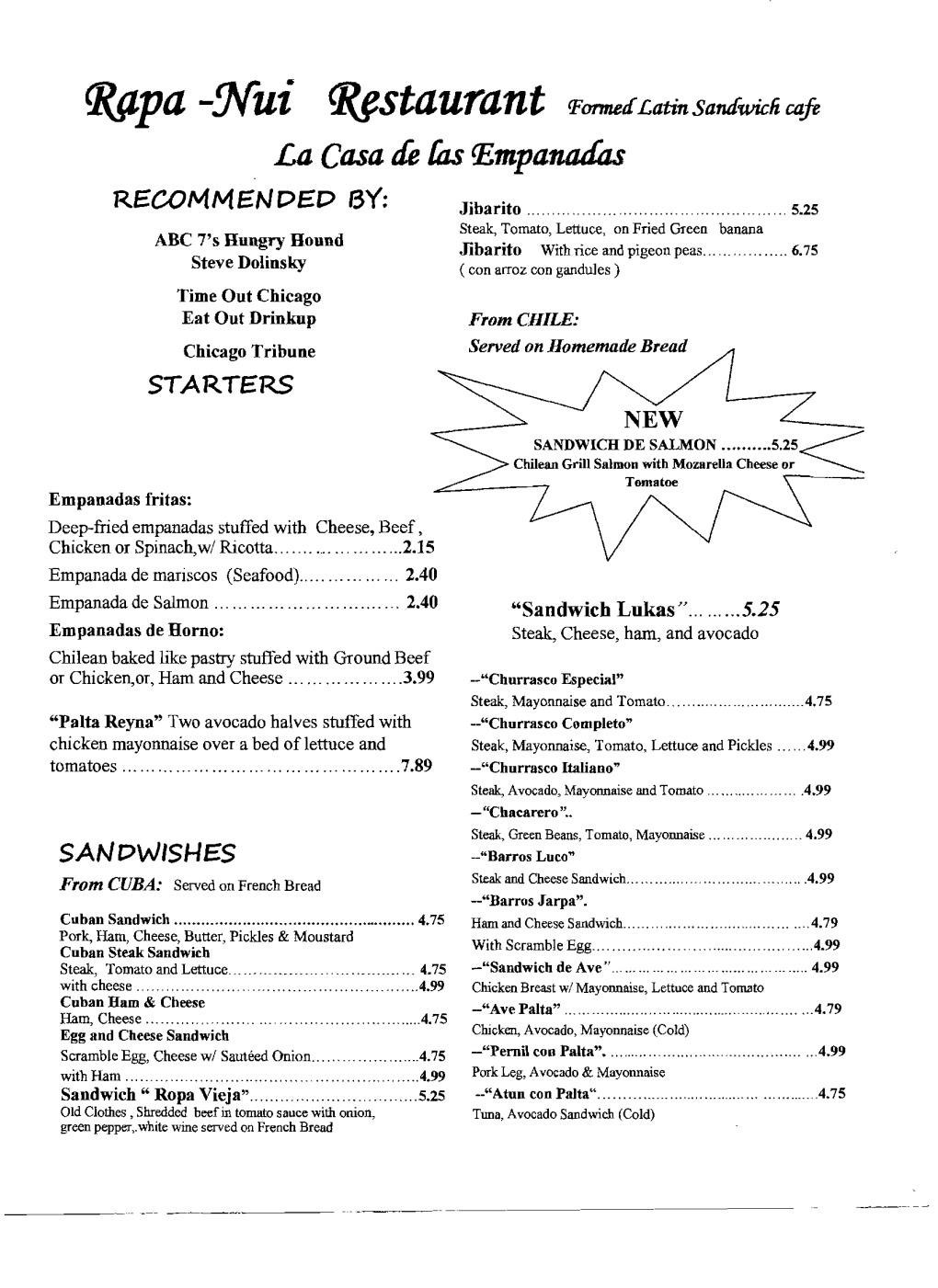 Rapa Nui Restaurant Menu