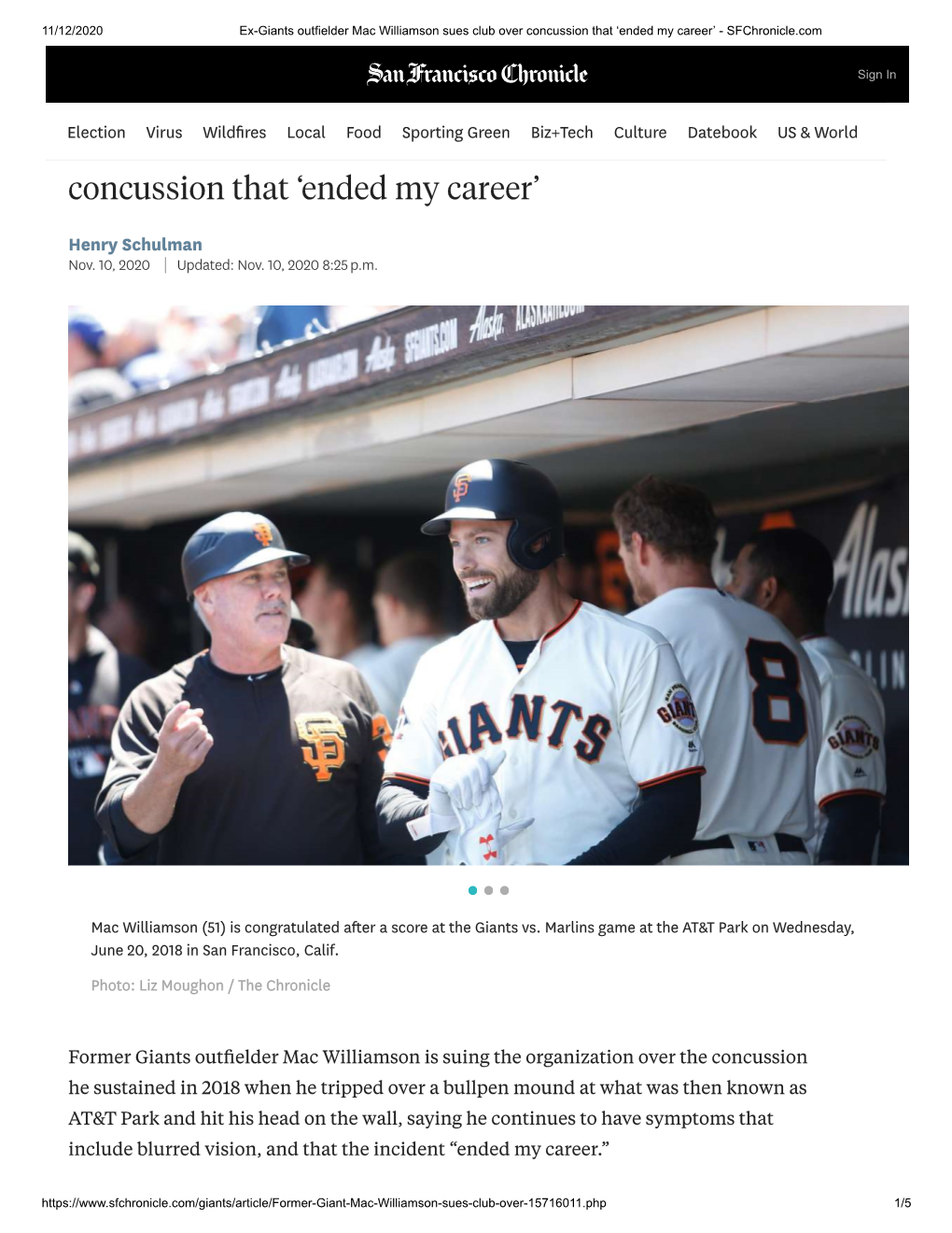 Ex-Giants Outfielder Mac Williamson Sues Club Over Concussion That ‘Ended My Career’ - Sfchronicle.Com