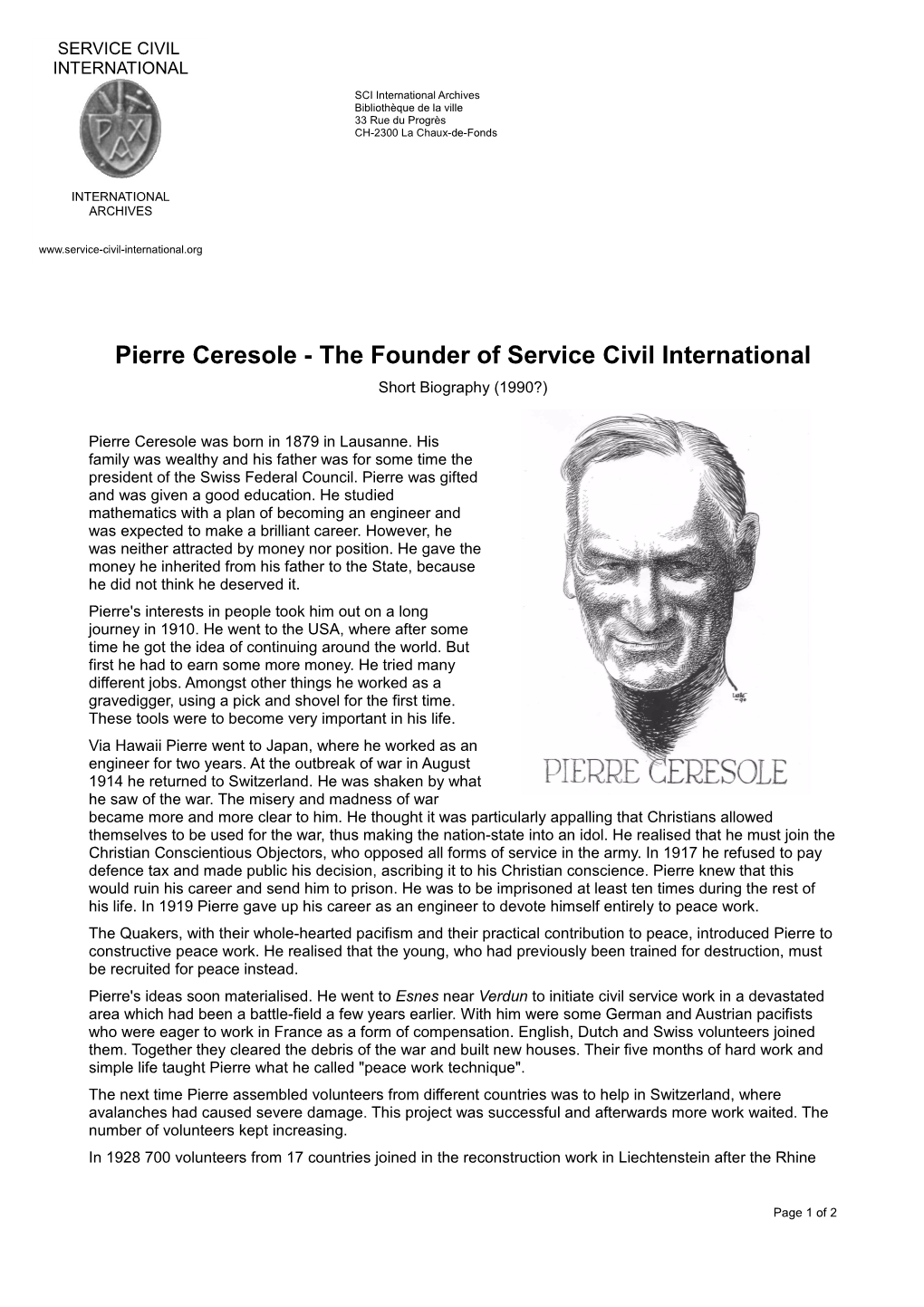 Pierre Ceresole - the Founder of Service Civil International Short Biography (1990?)