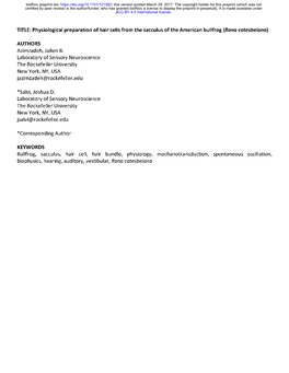 Physiological Preparation of Hair Cells from the Sacculus of the American Bullfrog (Rana Catesbeiana)