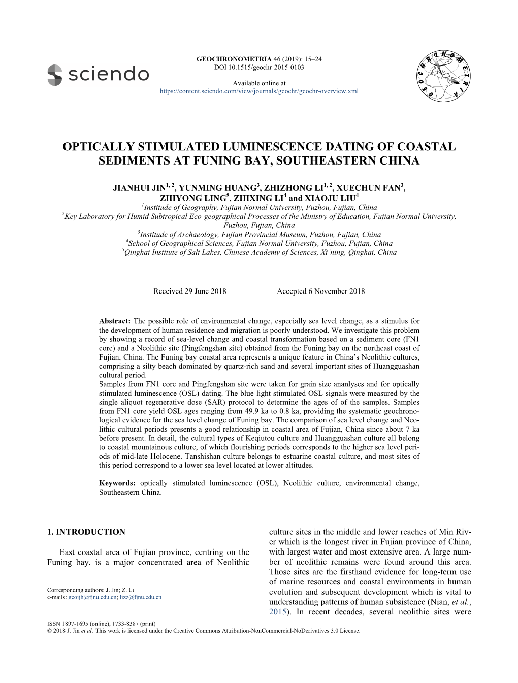 Optically Stimulated Luminescence Dating of Coastal Sediments at Funing Bay, Southeastern China