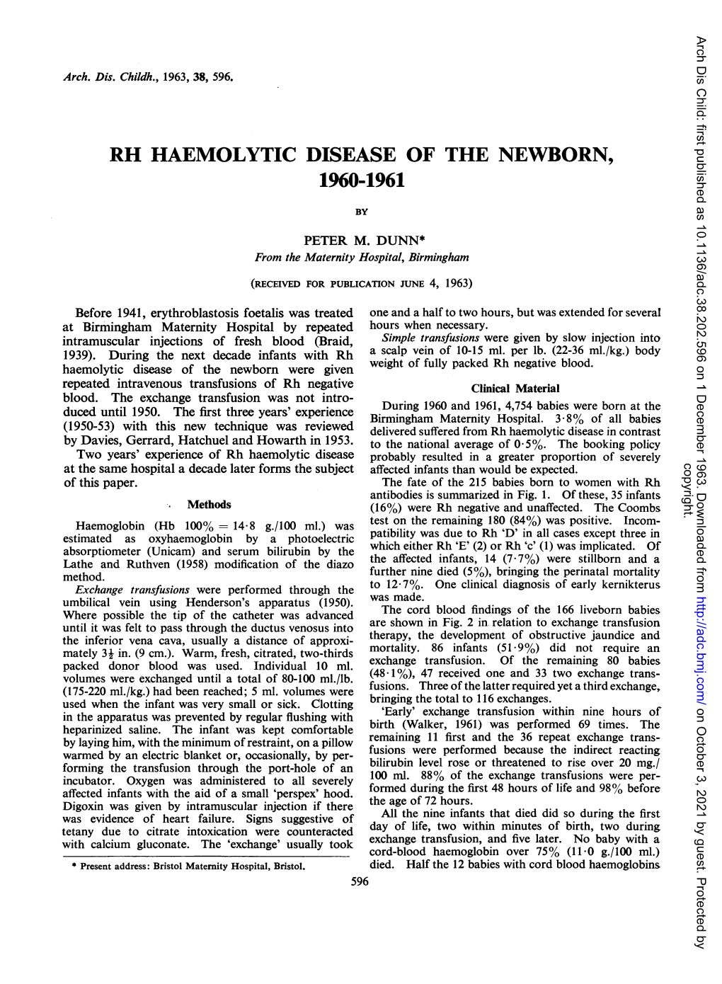 Rh Haemolytic Disease of the Newborn, 1960-1961