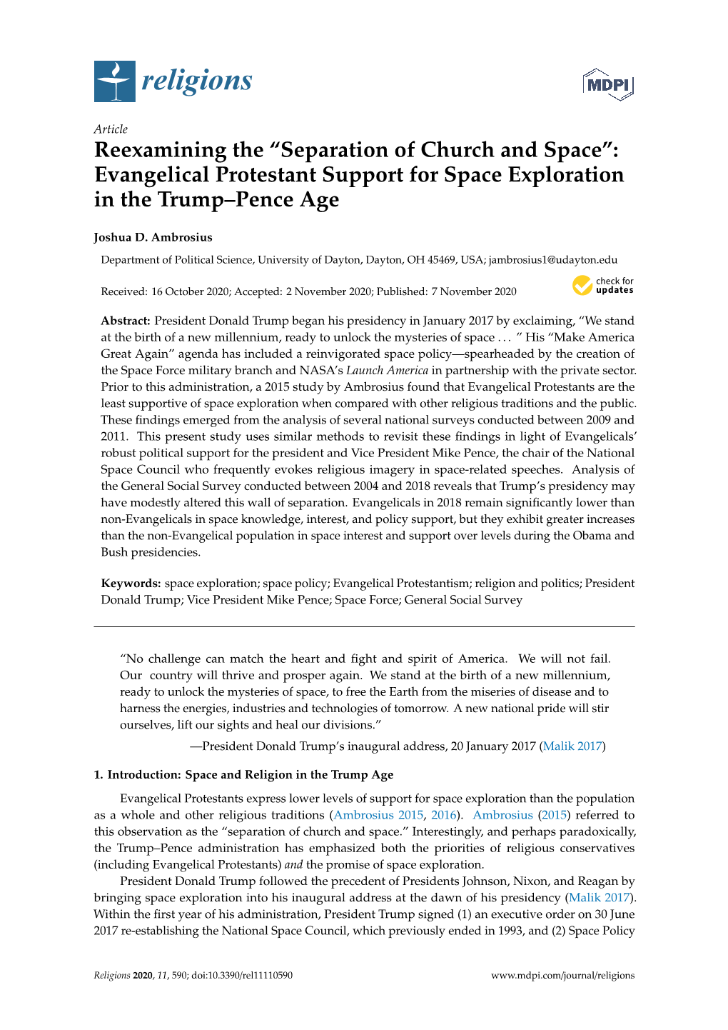 Evangelical Protestant Support for Space Exploration in the Trump–Pence Age