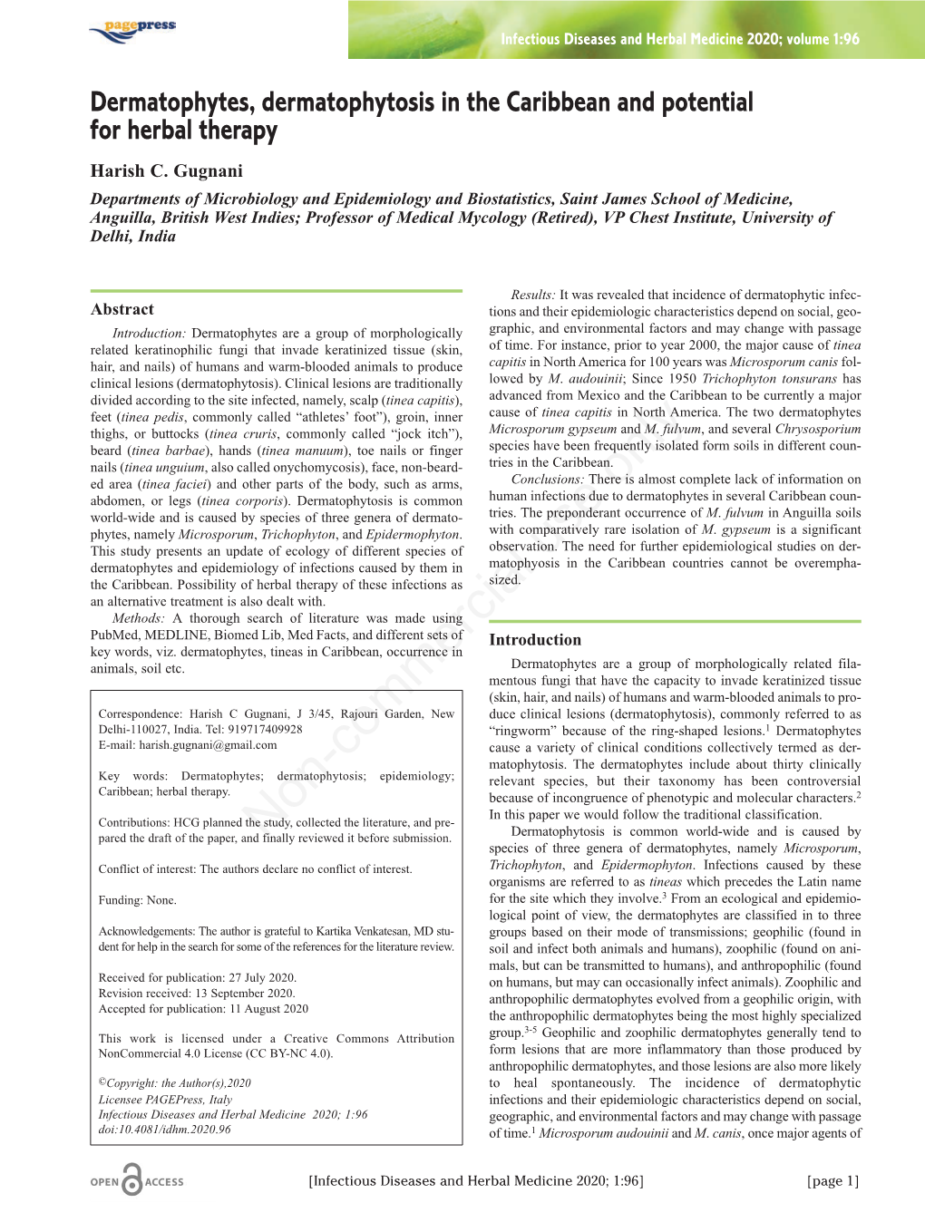 Dermatophytes, Dermatophytosis in the Caribbean and Potential for Herbal Therapy