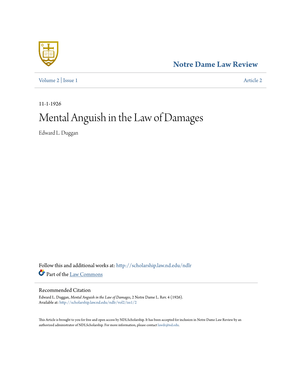 Mental Anguish in the Law of Damages Edward L