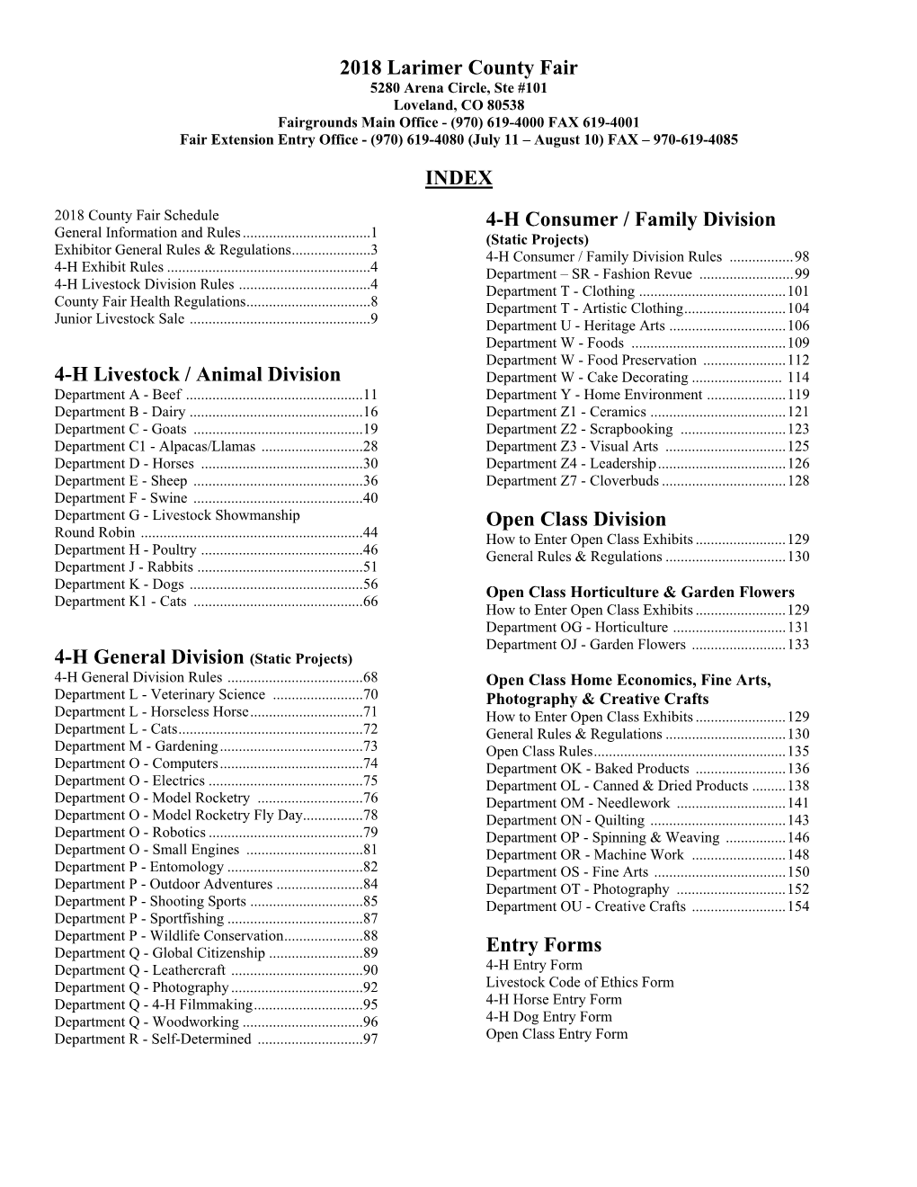 2018 Larimer County Fair INDEX 4-H Livestock / Animal Division 4-H