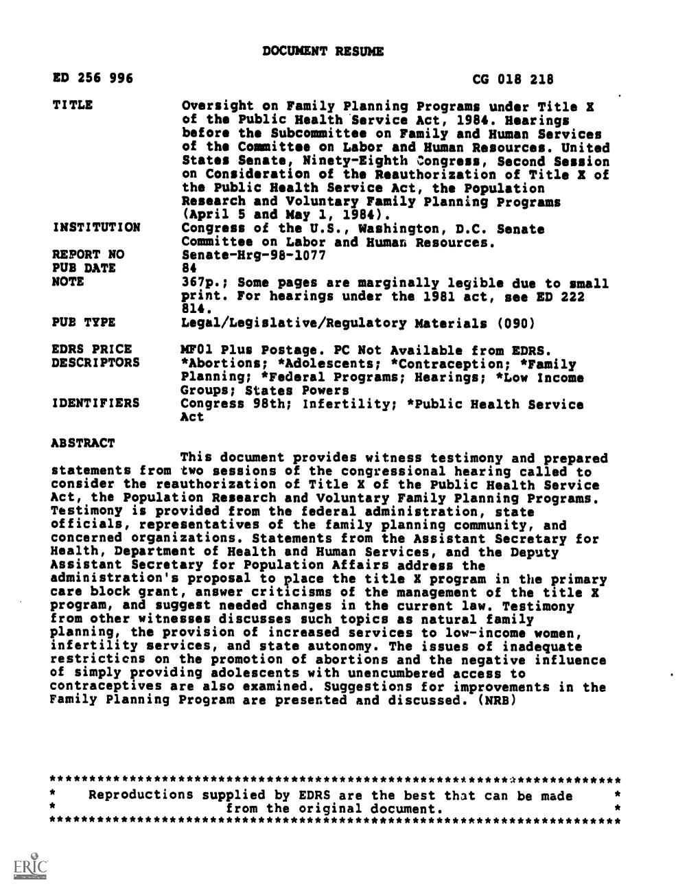 Oversight on Family Planning Programs Under Title X of the Public Health Service Act, 1984