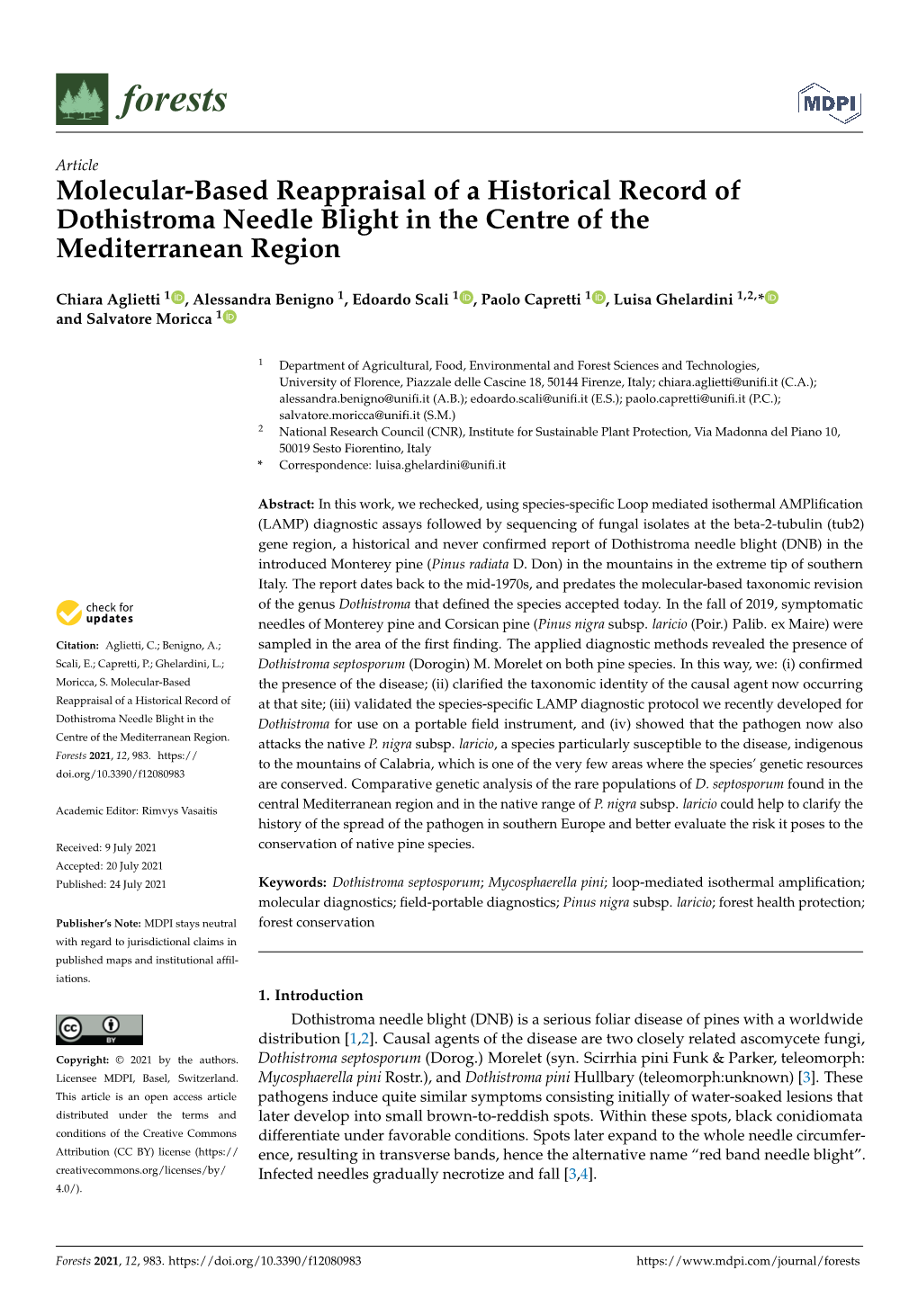 Molecular-Based Reappraisal of a Historical Record of Dothistroma Needle Blight in the Centre of the Mediterranean Region