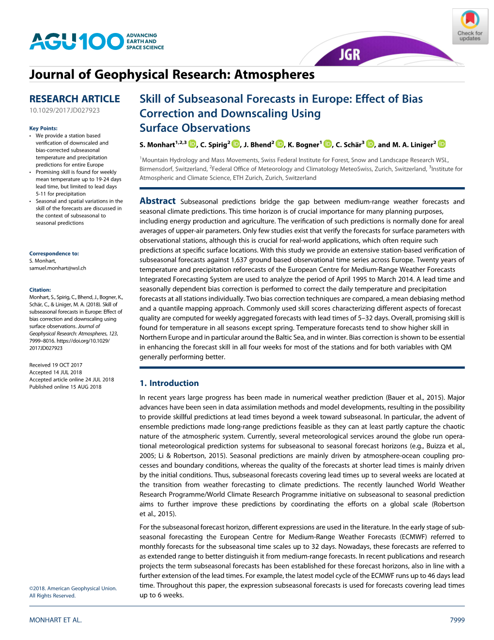 Skill of Subseasonal Forecasts in Europe: Effect of Bias Correction and Downscaling Using Surface Observations