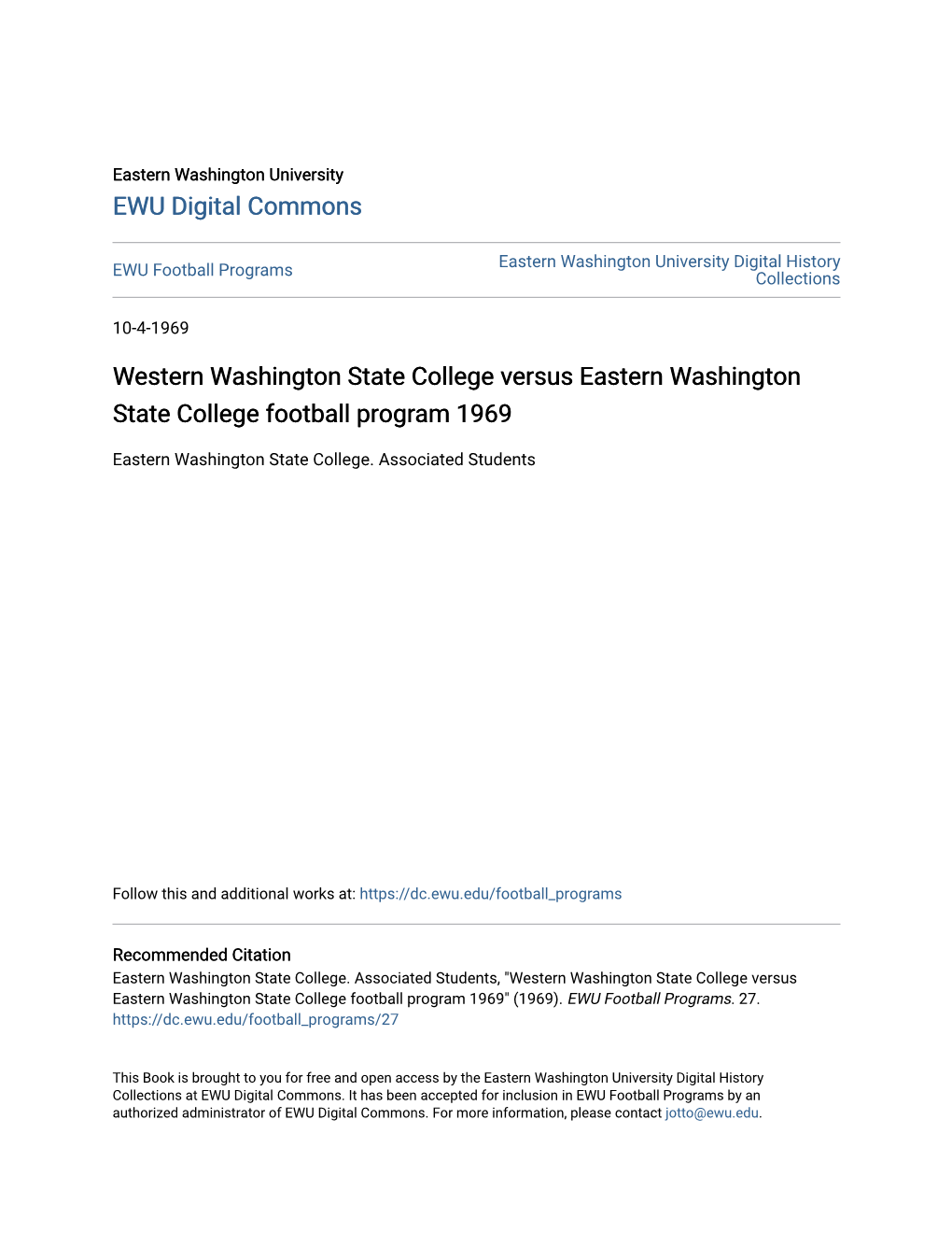 Western Washington State College Versus Eastern Washington State College Football Program 1969