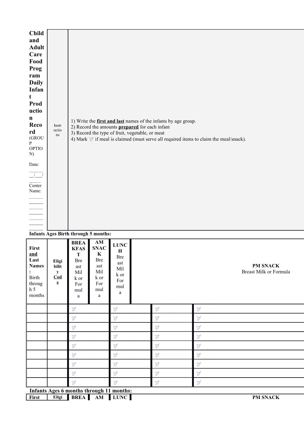 Child and Adult Care Food Program Daily Infant Production Record