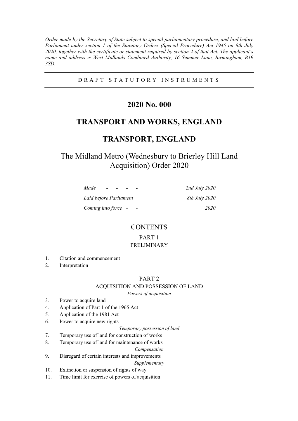 Midland Metro (Wednesbury to Brierley Hill Land Acquisition) Order 2020