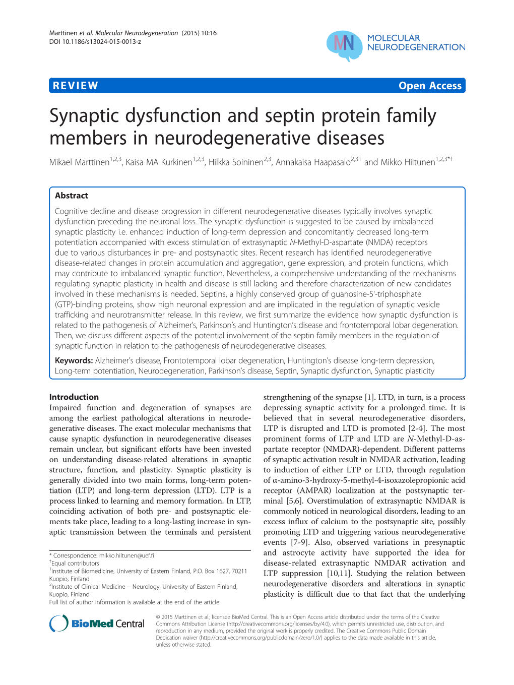 Synaptic Dysfunction and Septin Protein Family Members In