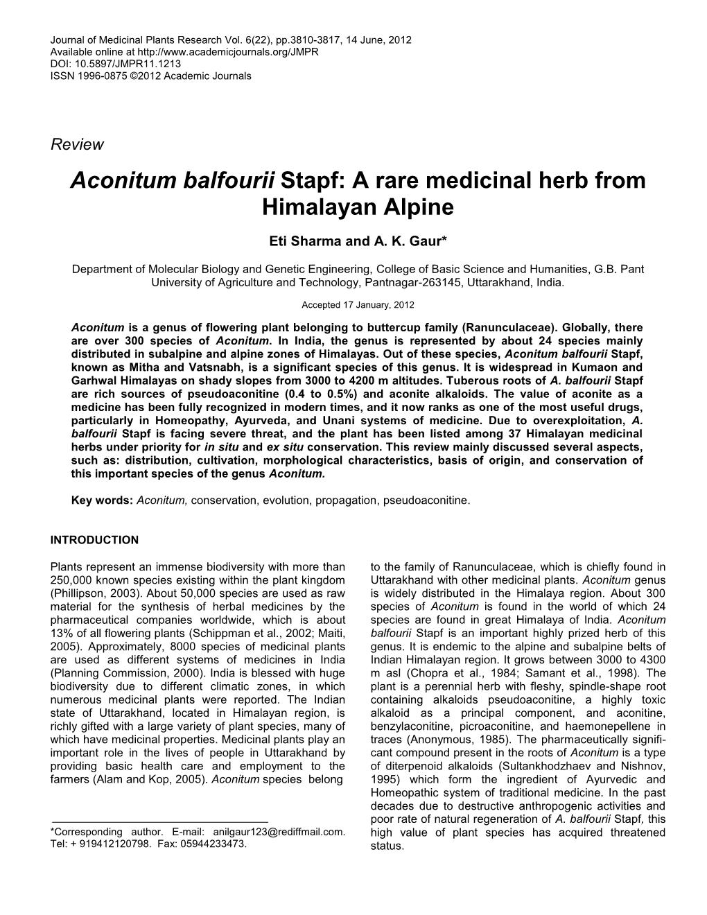 Aconitum Balfourii Stapf: a Rare Medicinal Herb from Himalayan Alpine