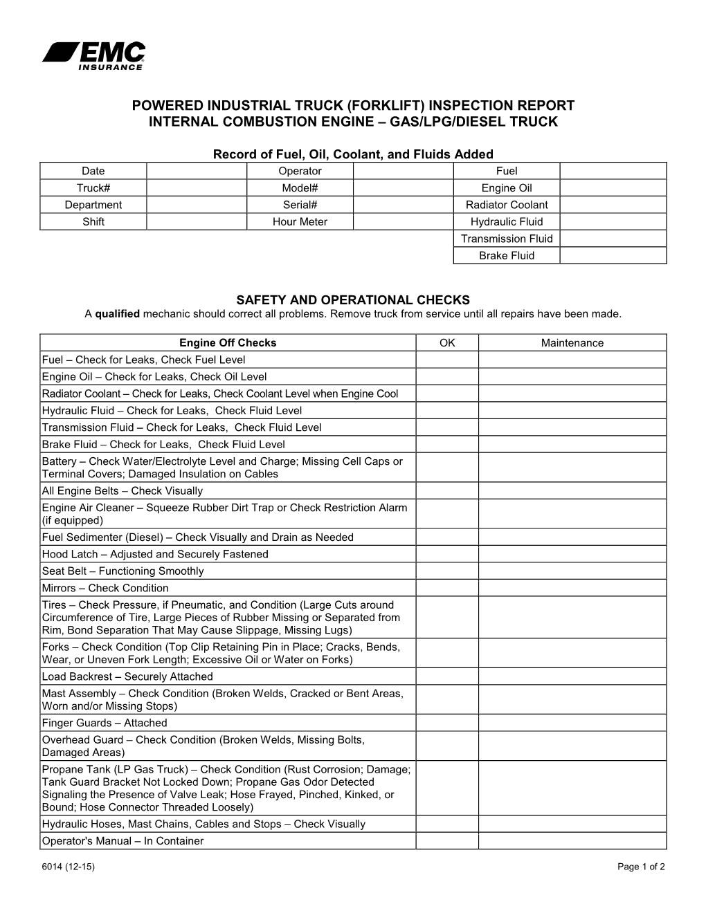 (Forklift) Inspection Report Internal Combustion Engine – Gas/Lpg ...