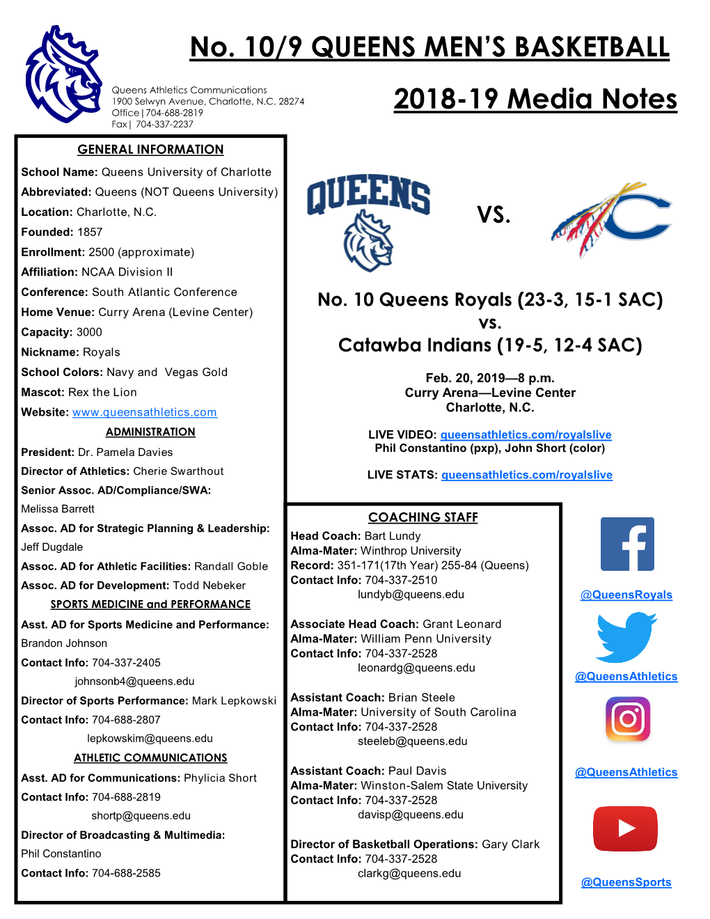 No. 10/9 QUEENS MEN's BASKETBALL 2018-19 Media Notes