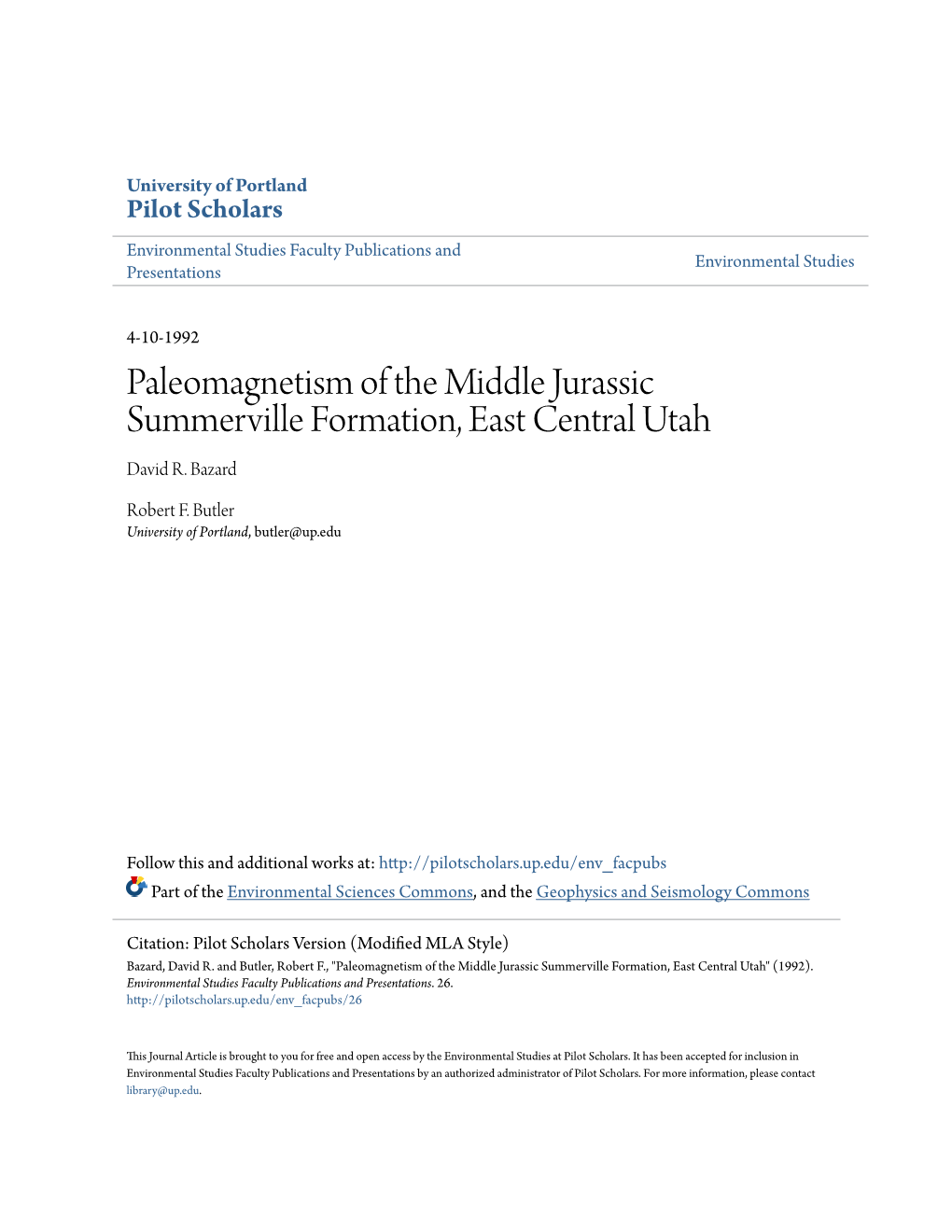 Paleomagnetism of the Middle Jurassic Summerville Formation, East Central Utah David R