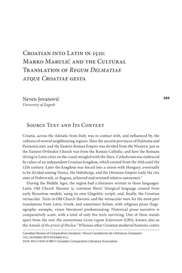Croatian Into Latin in 1510: Marko Marulić and the Cultural Translation of Regum Delmatiae Atque Croatiae Gesta