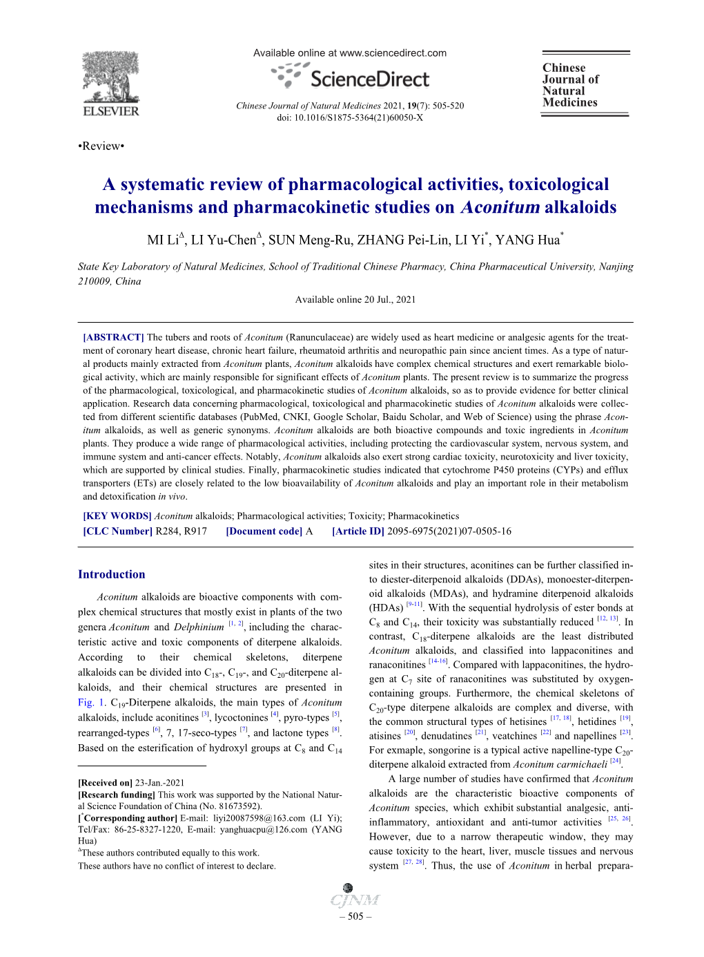 A Systematic Review of Pharmacological Activities, Toxicological Mechanisms and Pharmacokinetic Studies on Aconitum Alkaloids