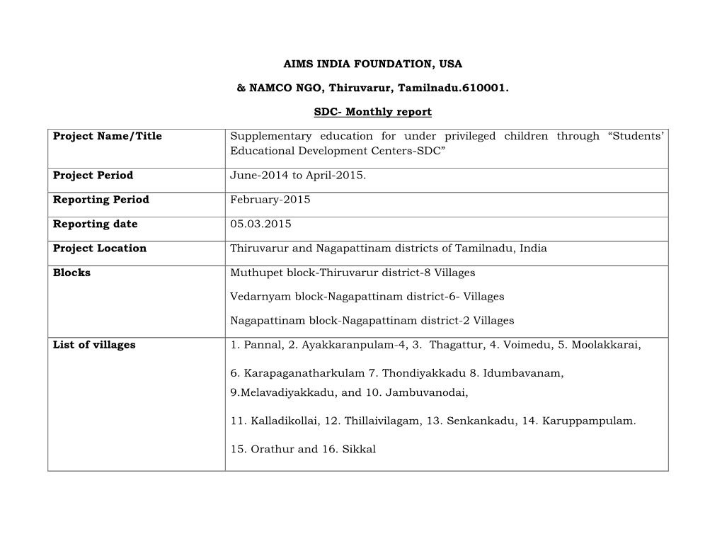 AIMS INDIA FOUNDATION, USA & NAMCO NGO, Thiruvarur