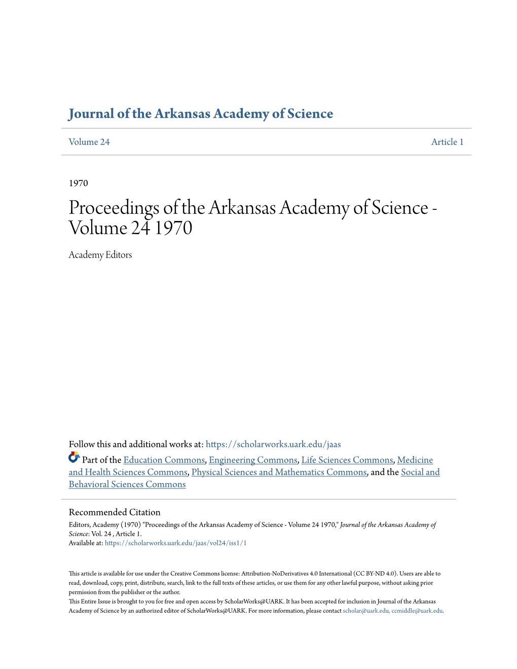 Proceedings of the Arkansas Academy of Science - Volume 24 1970 Academy Editors