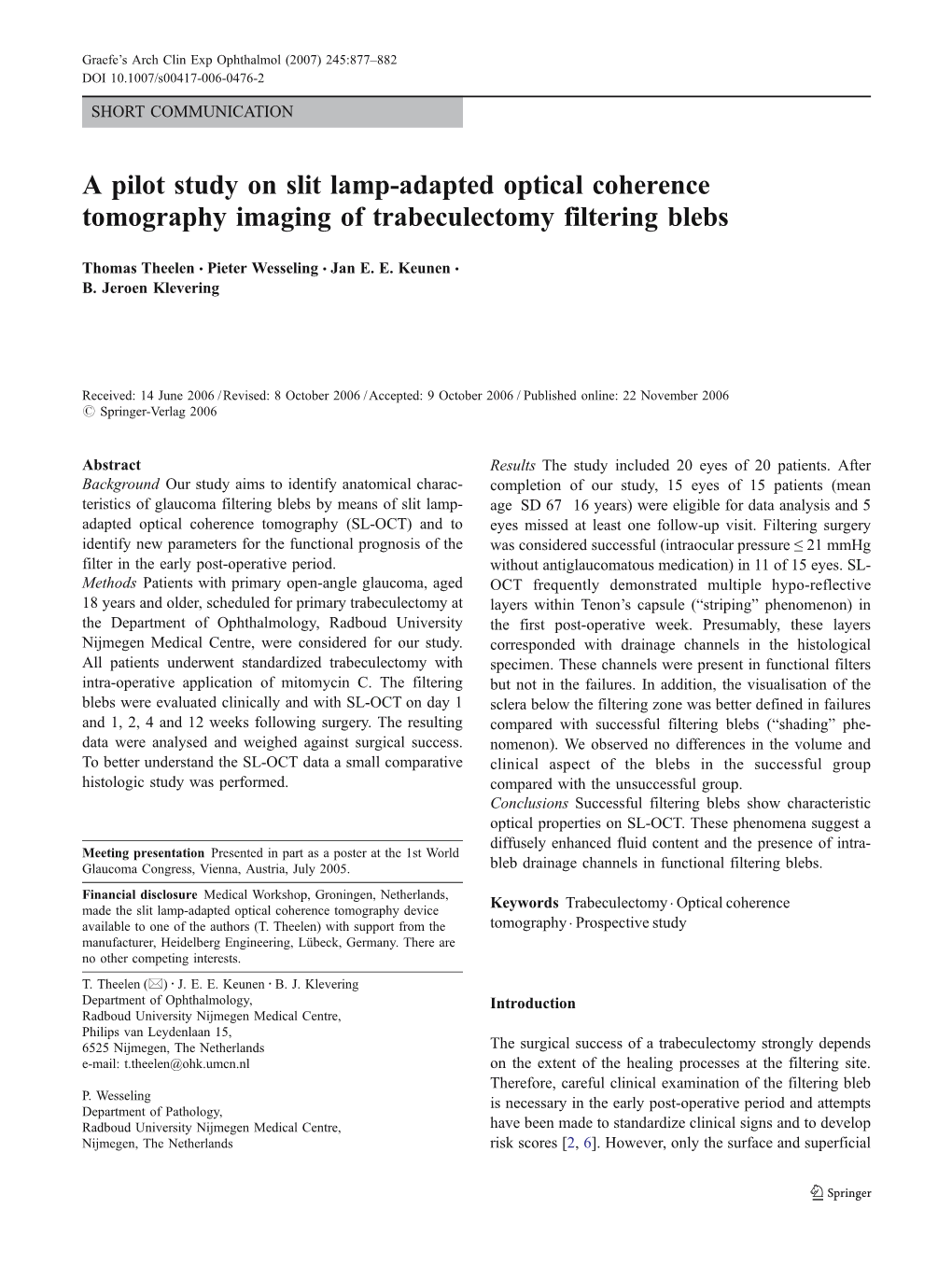 A Pilot Study on Slit Lamp-Adapted Optical Coherence Tomography Imaging of Trabeculectomy Filtering Blebs