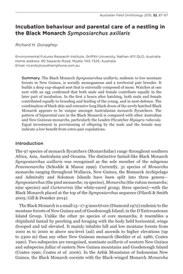 Incubation Behaviour and Parental Care of a Nestling in the Black Monarch Symposiarchus Axillaris