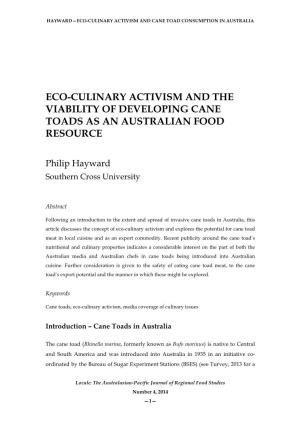 Eco-Culinary Activism and the Viability of Developing Cane Toads As an Australian Food Resource
