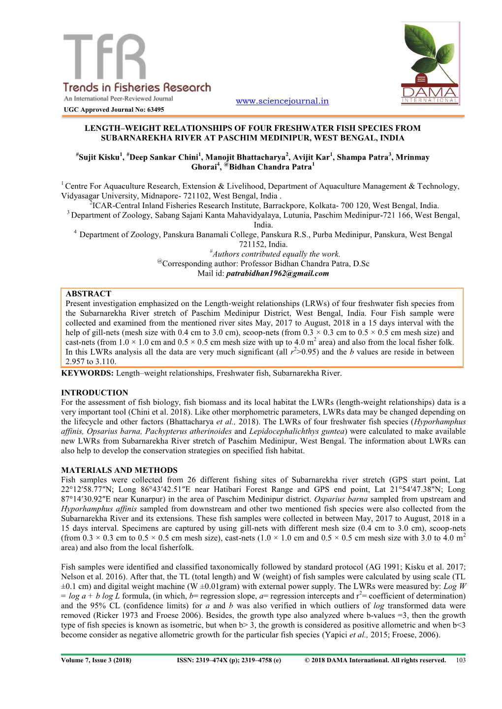 Length–Weight Relationships of Four Freshwater Fish Species from Subarnarekha River at Paschim Medinipur