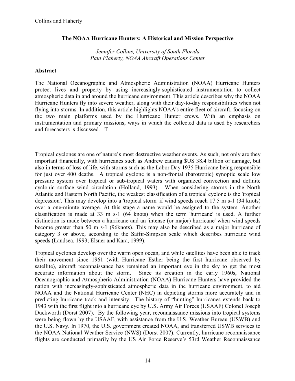 Collins and Flaherty 14 the NOAA Hurricane Hunters