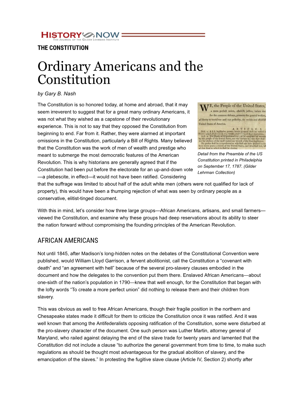 Ordinary Americans and the Constitution by Gary B