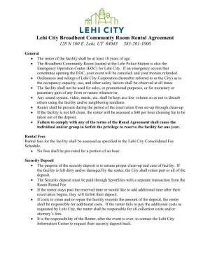 Lehi City Broadbent Community Room Rental Agreement 128 N 100 E
