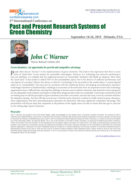 John C Warner, Organic Chem Curr Res 2015, 4:2
