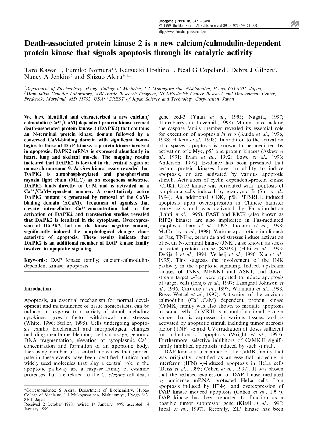 Death-Associated Protein Kinase 2 Is a New Calcium/Calmodulin-Dependent Protein Kinase That Signals Apoptosis Through Its Catalytic Activity