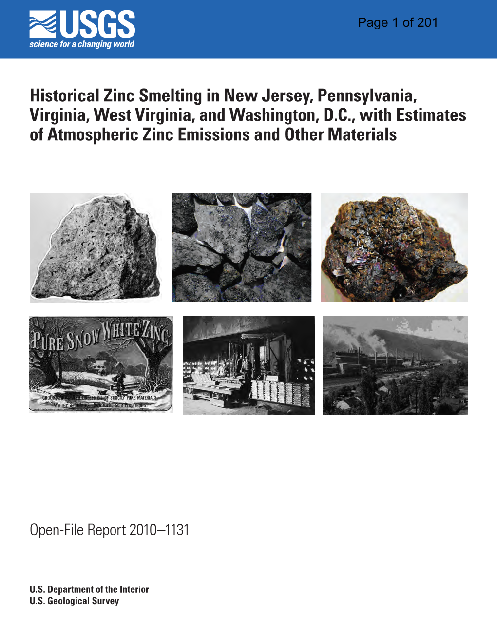 Historical Zinc Smelting in New Jersey, Pennsylvania, Virginia, West Virginia, and Washington, D.C., with Estimates of Atmospheric Zinc Emissions and Other Materials