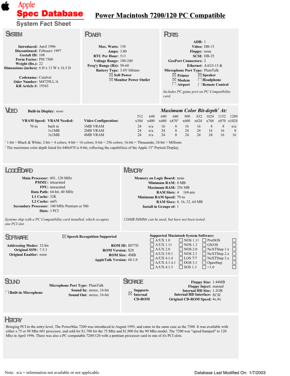 Power Macintosh 7200/120 PC Compatible System Fact Sheet SYSTEM POWER PORTS ADB: 1 Introduced: April 1996 Max